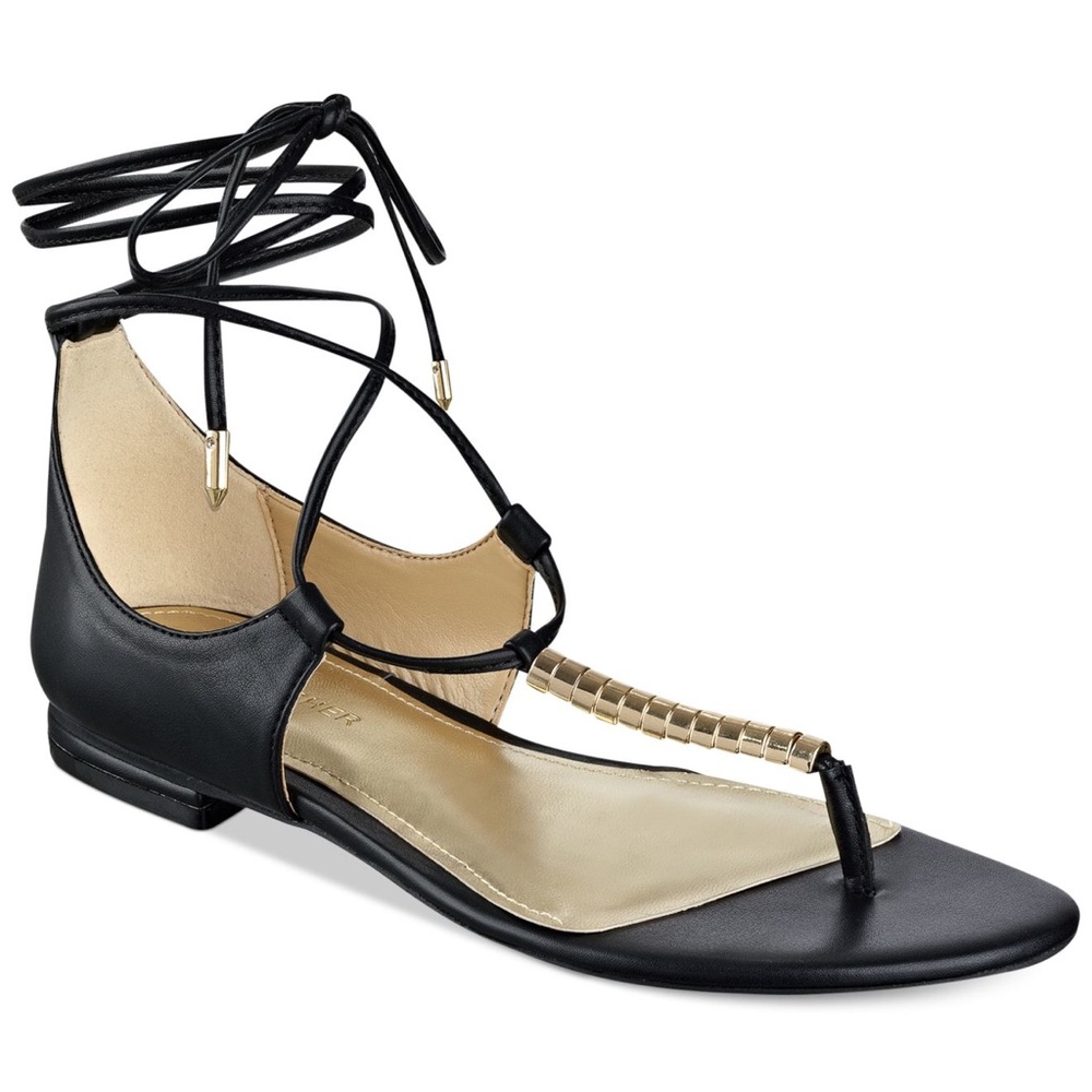 Black Gladiator Lace Up Gold Hardware Flat Sandals - Picture 5 of 7